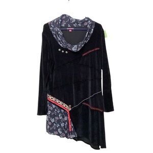 Joe Browns Velvet Blk Floral Roll Neck Embellished Tunic Dress Size 12 Lagenlook